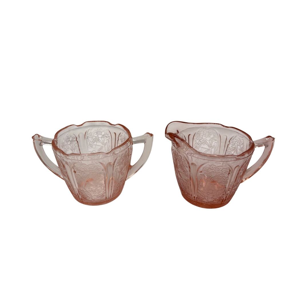 Jeannette Glass Pink Depression 1930's Cherry Blossom Creamer and Sugar Set